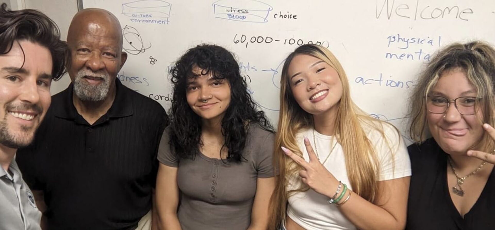 Group of students and instructors standing in front of a white board.
