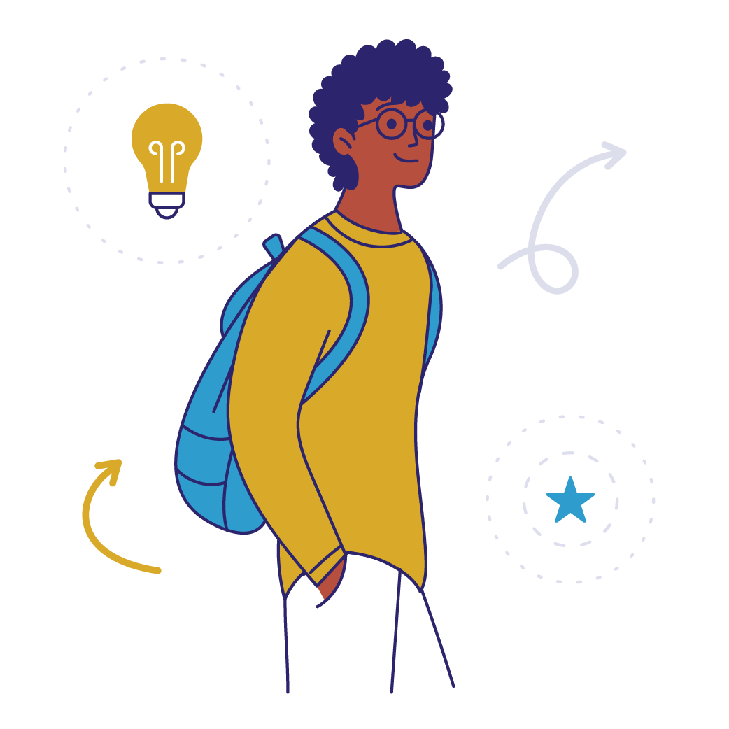 Illustration of a male student with curly hair and glasses, wearing a yellow sweater and a blue backpack