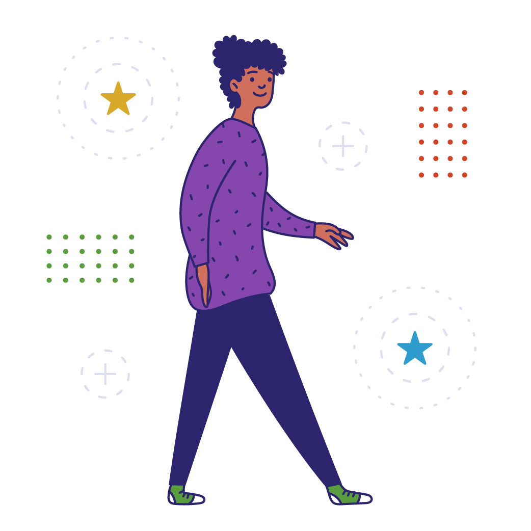 Illustration of a young woman with curly hair and a purple sweater