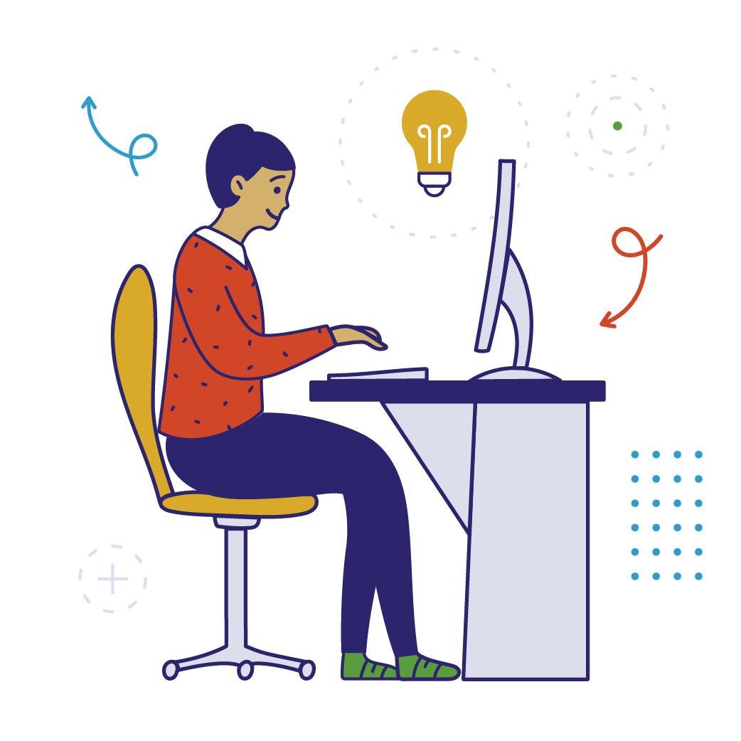 Illustration of a young woman with short hair and red sweater typing at a computer desk.