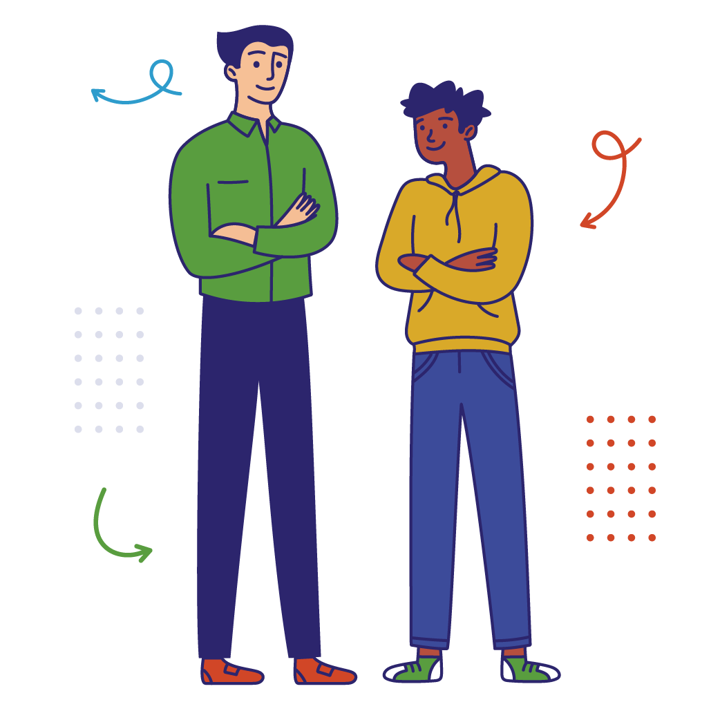 Illustration of a businessman standing next to a male high school student