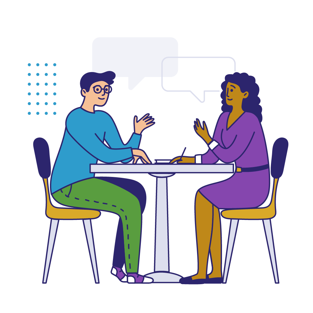 Illustration of male and female colleagues meeting at a small table