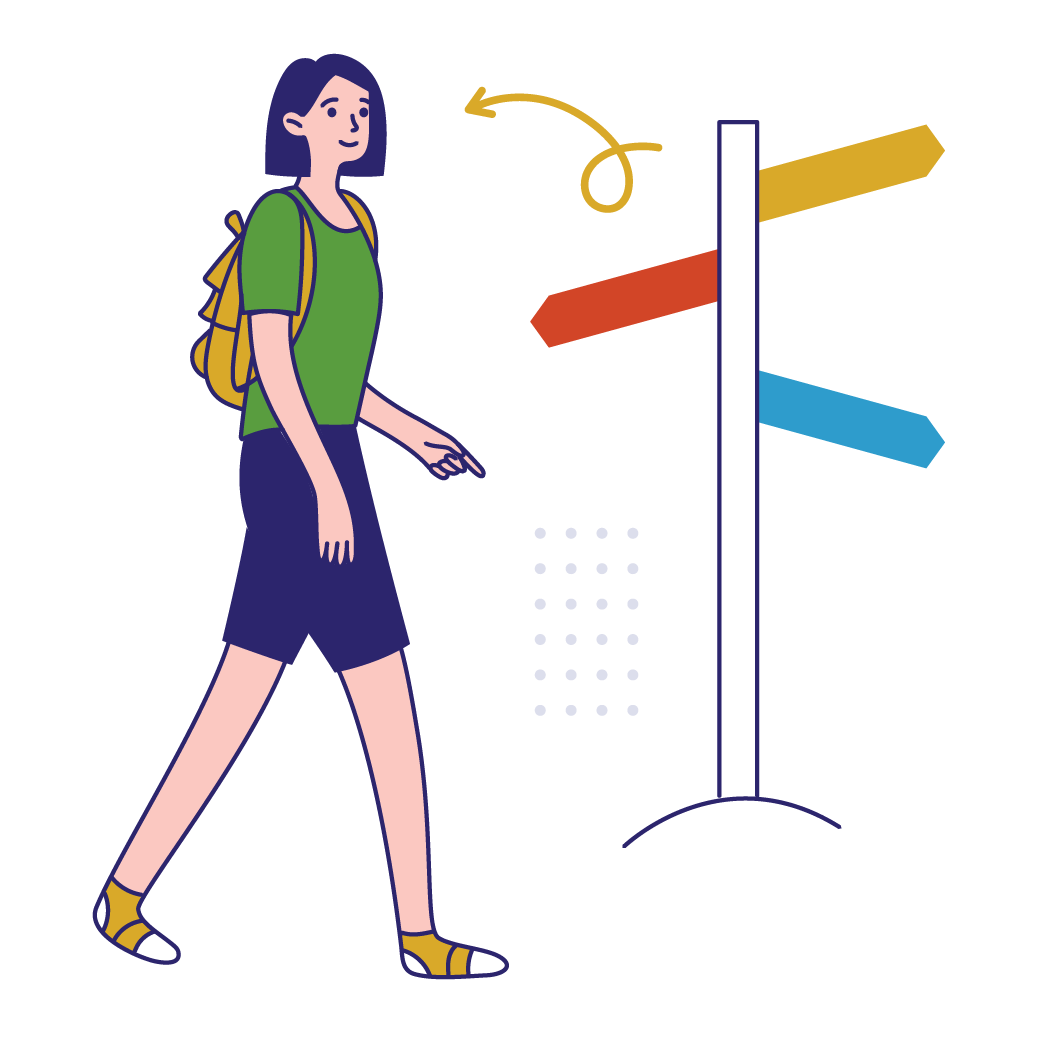 Illustration of a female high school student walking; a sign post with multiple directions is in the background
