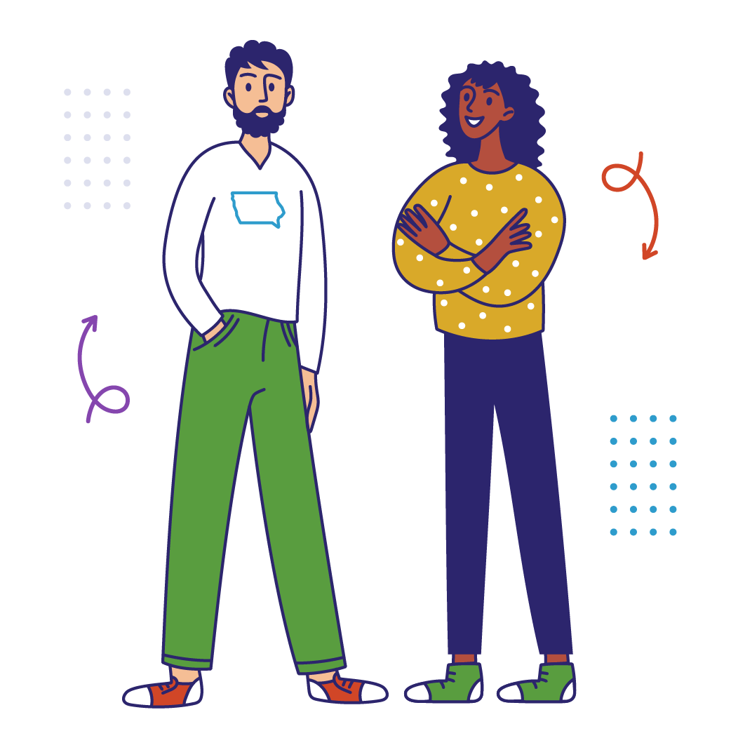 Illustration of a man and a woman standing, wearing casual attire