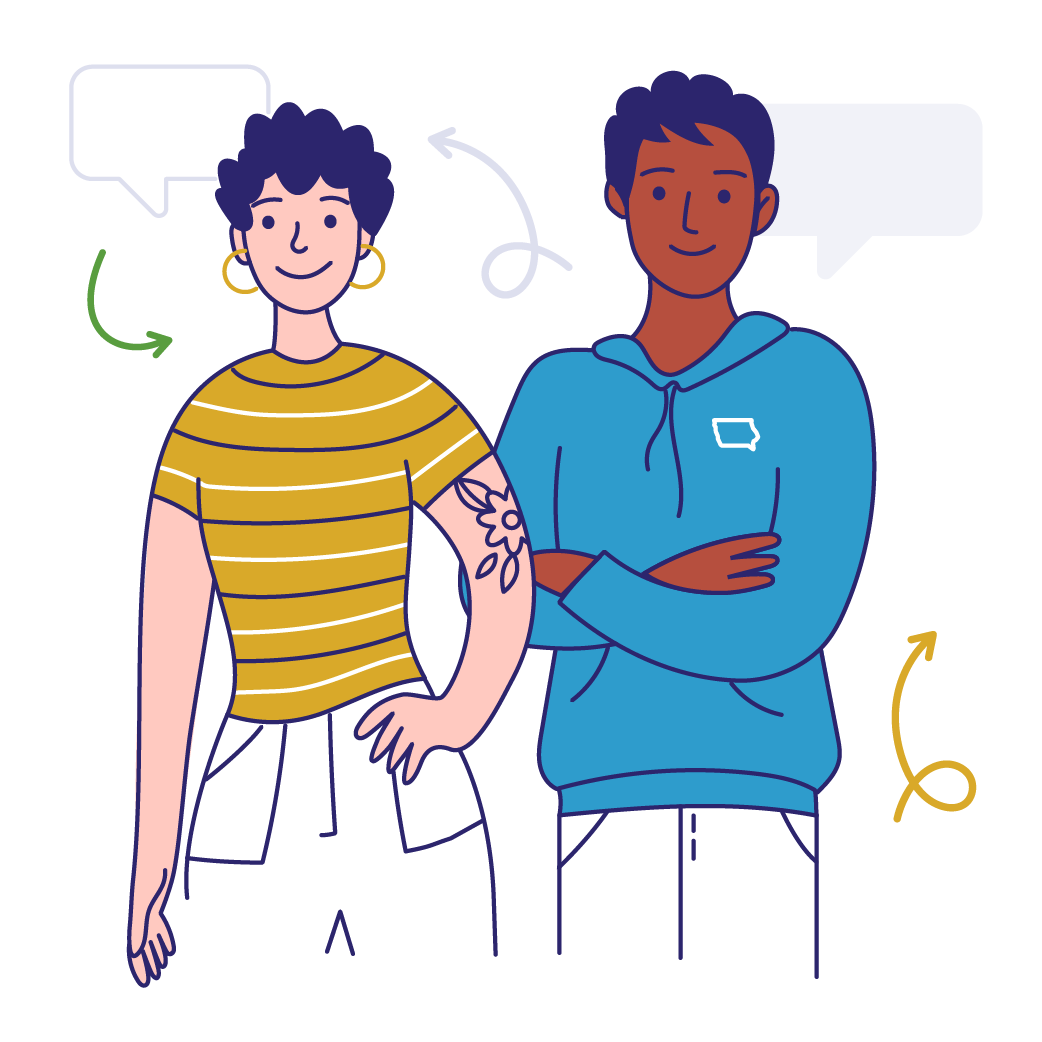 Illustration of a woman and man standing, wearing casual attire