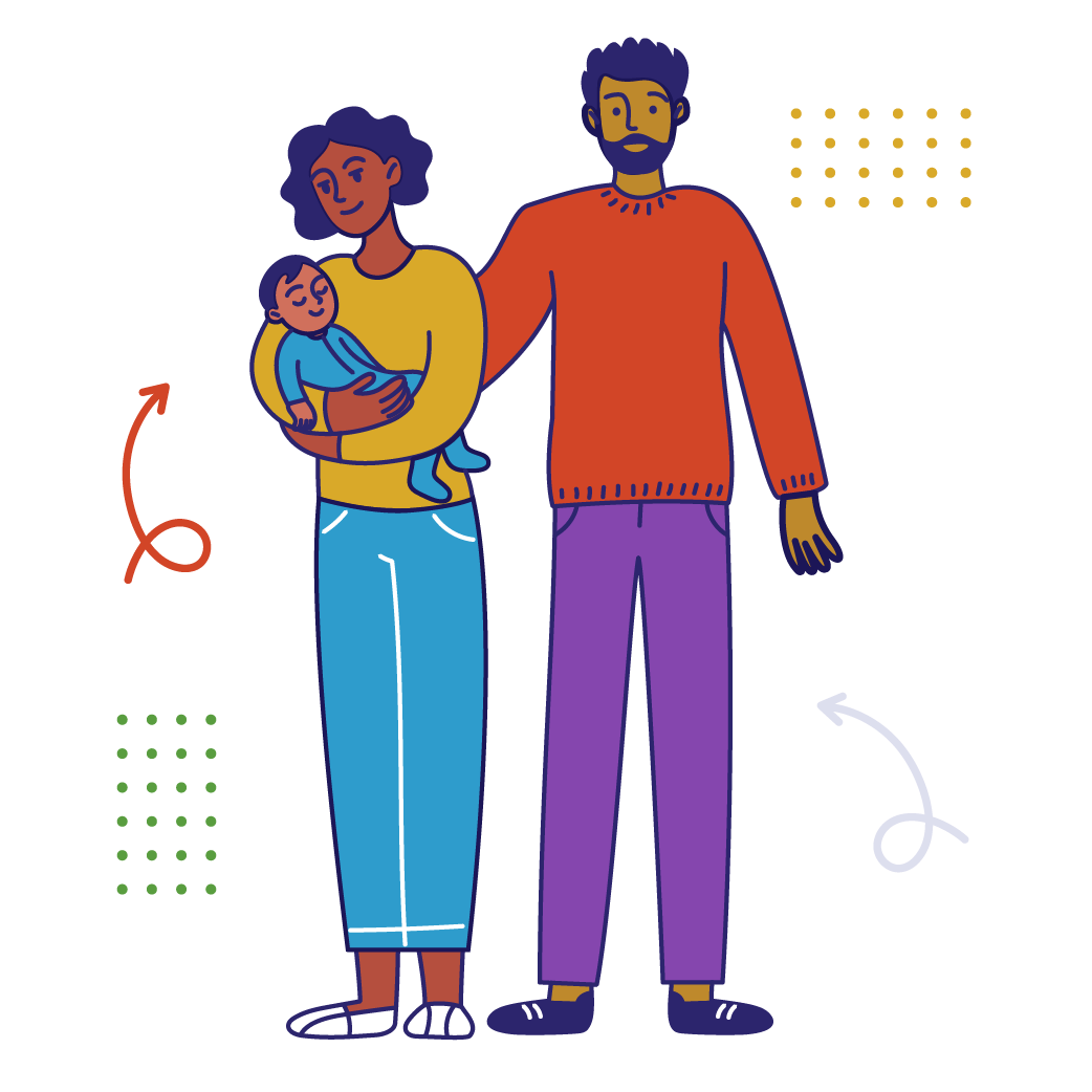 Illustration of parents; the mother holds their baby